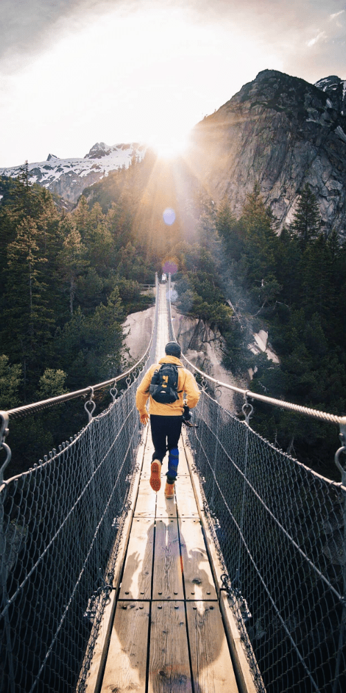 Informations Contact - Alpha Premium Photo d’un randonneur sur un pont suspendu au cœur de la forêt, ambiance d’aventure et d’immersion nature